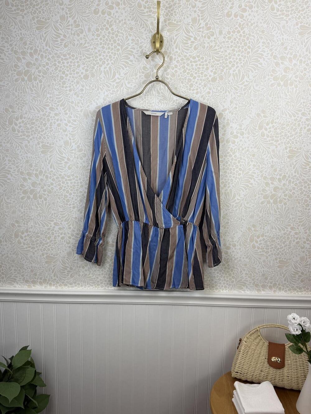 Nümph Jensine Blue and Tan Striped Wrap Lightweight Blouse - Size - EU 34